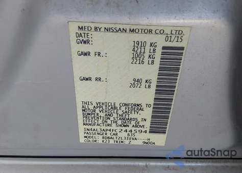 2015 Nissan Altima 2.5 Sl from USA, damaged, VIN 1N4AL3AP4FC244594